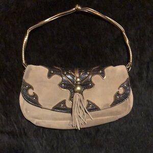 Gianni Bini tan suede with brown leather outside and purple inside clutch